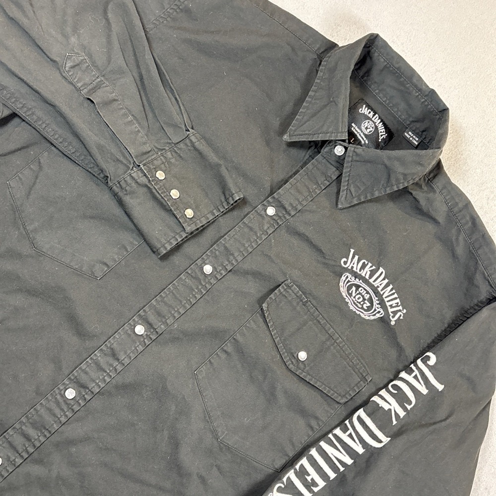 Jack Daniels Shirt Mens Size L Black Embroidered Pearl Snap Button Up Y2K
